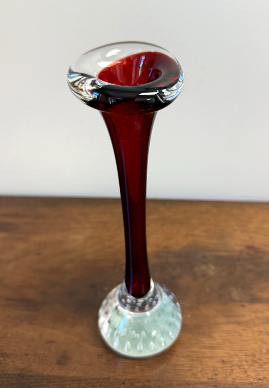 Vintage 1960s Aseda Sweden Red Clear Controlled Bubble Bone Bud Vase 8.125"